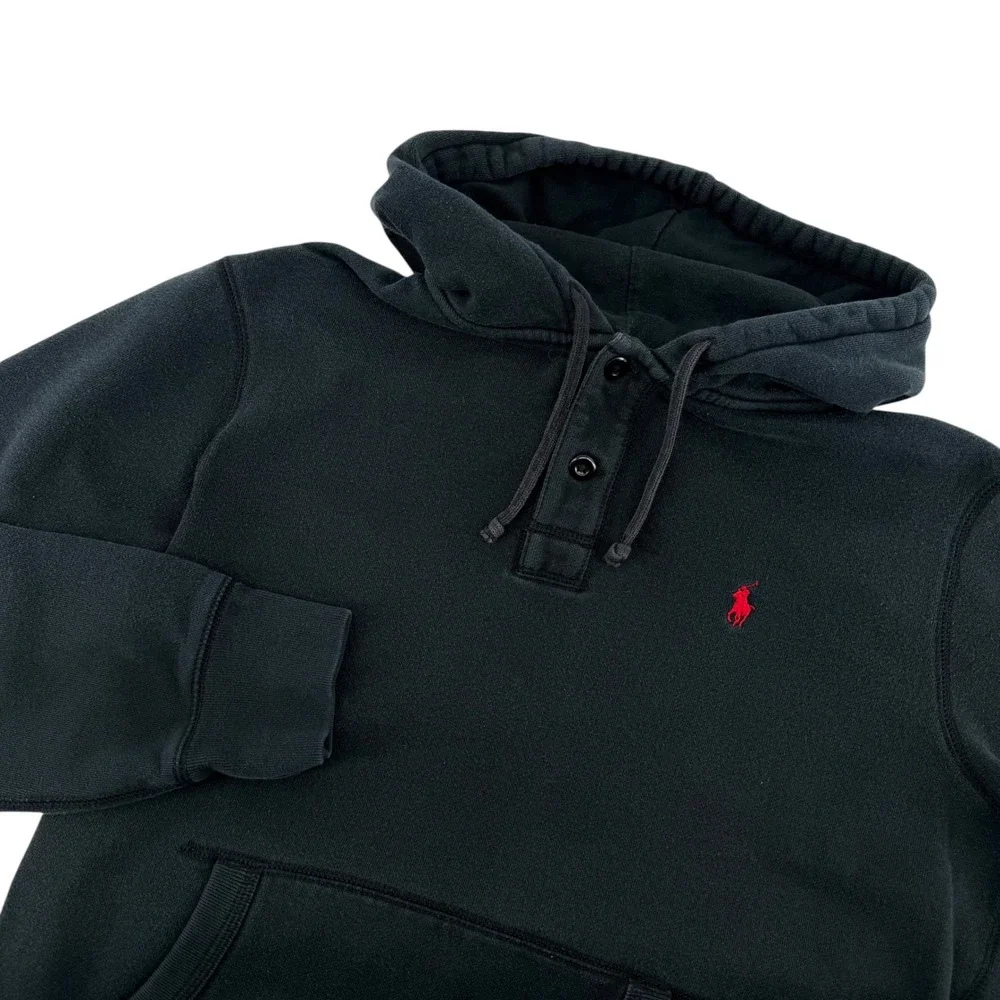 Polo Ralph Lauren Mens Navy Blue Henley Hoodie Red Pony Logo Large Sweatshirt